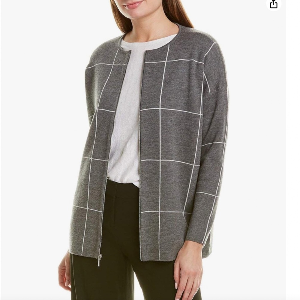 Eileen Fisher Windowpane Extra Fine Merino Wool Jacket Gray Zip Up XXS